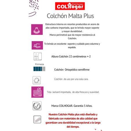 Colchón Malta Lux 140x190 + Base Cama + Espaldar