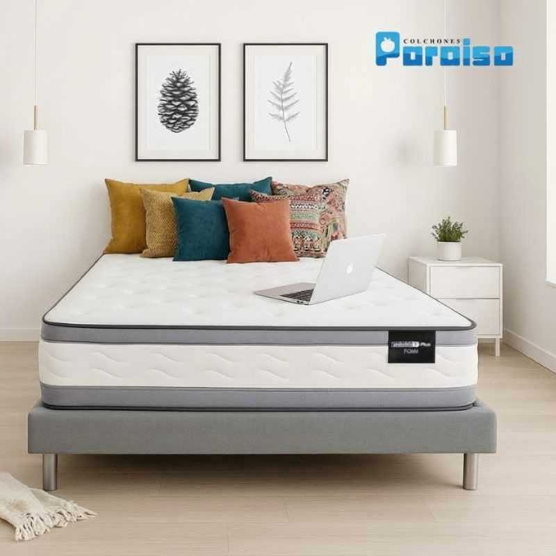 Colchón Ortholife Foam 140X190 A24 Marca Paraiso + Base Cama + protector + almohadas