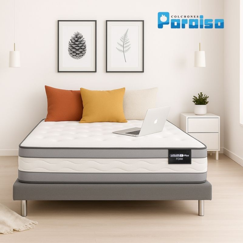 Colchón Ortholife Foam 100X190 A24 Marca Paraiso + Base Cama + Protector + almohada