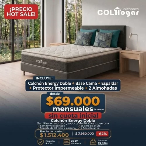 Colchón Energy 140X190 + Base Cama + Espaldar + Protector Impermeable + Almohadas