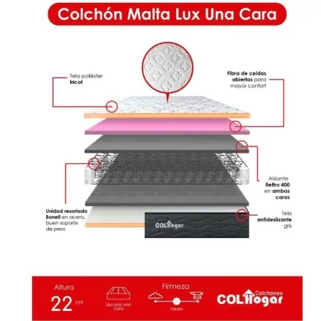 Colchón Malta Lux 120 x190 + Base Cama + Protector Acolchado+ Almohada
